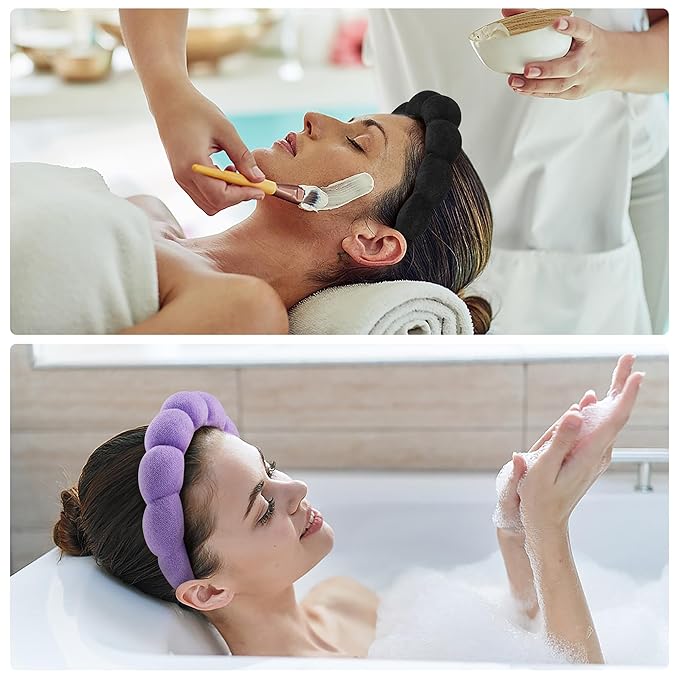 Terry Cloth Spa Headbands for Washing Face or Facial, Set of 2, Black & Purple - Puffy Makeup Headbands for Face Washing, Mask, Skin Treatment