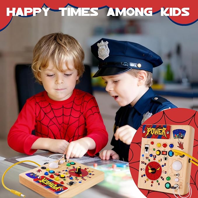 TYMGCHQ Montessori Busy Board with 22 LED Light, Montessori Toys for 3 + Years Old Boys Girls, Wooden Sensory Preschool Learning Toys for Kids, Travel Fidget Board Kids Birthday