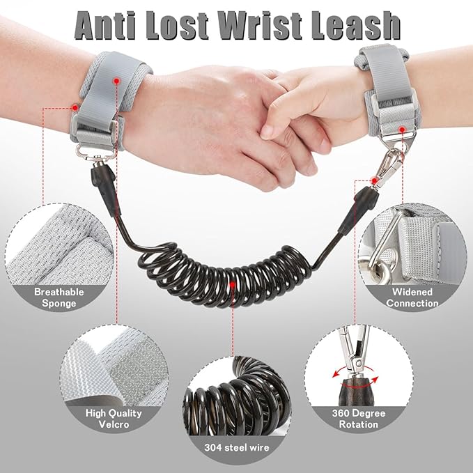 FITARTS Toddlers Leash + Anti Lost Wrist Link Child Kids Safety Harness Kids Walking Wristband Assistant Strap Belt for Boys Pink Christmas Gift (Black 2)