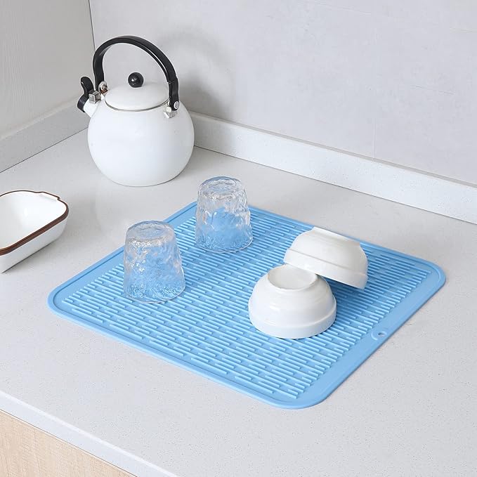 MicoYang Silicone Dish Drying Mat for Multiple Usage,Easy clean,Eco-friendly,Heat-resistant Silicone Mat for Kitchen Counter or Sink,Refrigerator or Drawer Liner Light Blue XL 18 inches x 16 inches