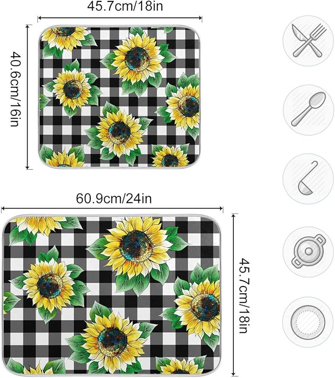 Absorbent Dish Drying Mat for Kitchen Counter - Sunflower Lattices Vintage Microfiber Drying Pad, Reversible Drainer Mats for Countertop, Small 16" x 18"