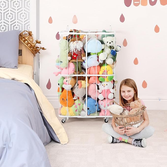 Stuffed Animal Storage Plush Toy Organizer Rolling Stuffed Animal Holder with Wheels Large Stuffed Animal Storage Zoo, Elastic Band for Playroom Bedroom Nursery, Large Capacity, White