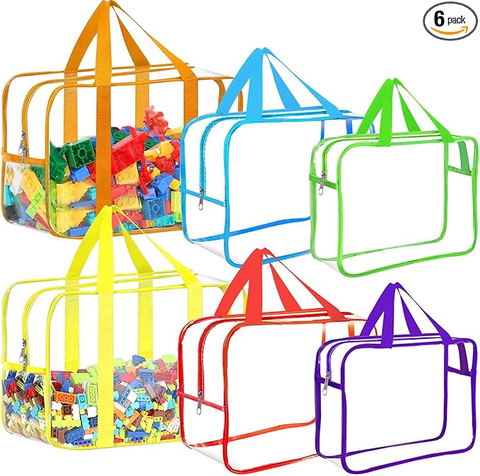 6 Color Toy Storage Bags with Labels, Reusable Clear PVC Board Game Storage, Travel Waterproof Organizer Bags with Zipper Large Capacity (L, XL, XXL)