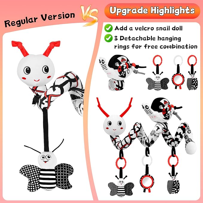 High Contrast Baby Toys for Newborn, Black and White Baby Sensory Toys 0-12 Months with Car Seat Toys & Soft Plush Toy, Activity Hanging Toys Velcro for Stroller Toys Baby Gifts