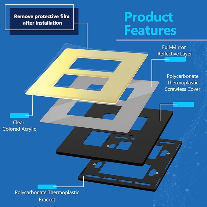 LIDER Double Decorator Wall Plate, Impact Resistant, Mirrored Acrylic, Plexiglass, Reflective Finish, Modern Upgrade, Screwless Light Switch/Outlet Cover, Mid-Size 2-Gang 4.88" x 4.92", Acrylic Gold