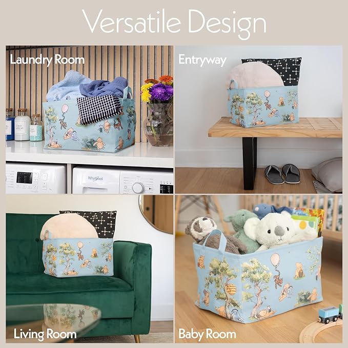 Sweet Baby Classic Winnie Pooh Storage Nursery Basket With Hard Bottom Large Square Canvas Cotton Laundry Hamper Bin Waterproof Foldable Bathroom and Bedroom Stuff Clothes Toys Vintage Decor (Blue)