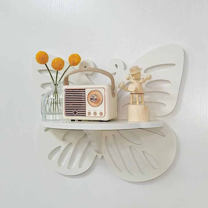 Butterfly Shaped Nursery Wall Deor Floating Shelf, Cute Wall Display Rack for Kid’s Room, Small Decorative Shelf Wall Mounted, White Hanging Wall Shelf for Toys, Plants and Decorations Storage, White
