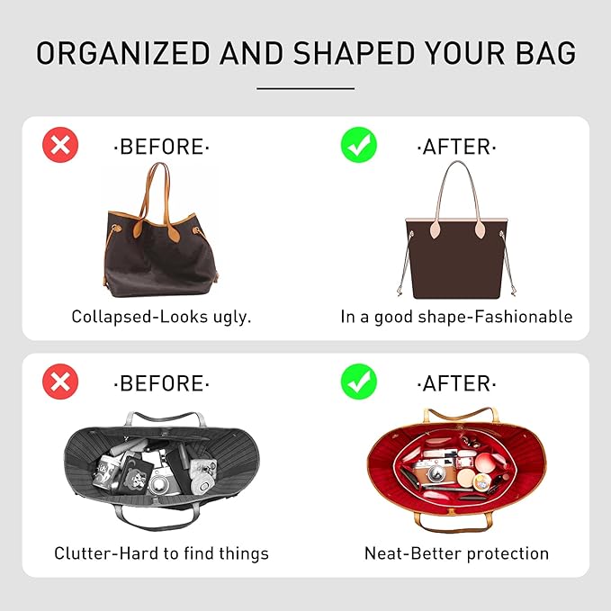 Purse Organizer Insert Compatible with Lv Neverfull PM and More, Premium DupontPaper Lighgtweight Bag Liner Diveider Shaper for Tote Handbags, White-red/M