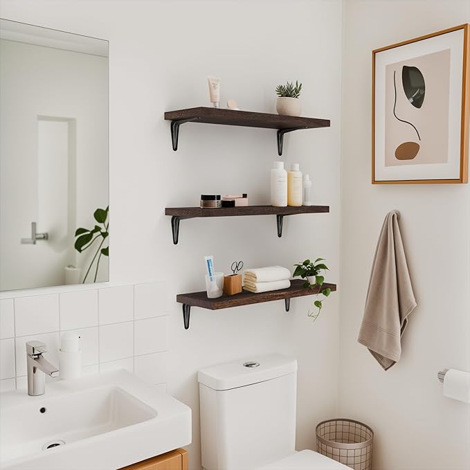 SKYSEN Floating Shelves for Wall Set of 6, 15.7in Wood Wall Shelf for Decor, Bathroom, Bedroom, Storage, Book,Kitchen, Living Room - Dark Brown(fs-40-d)