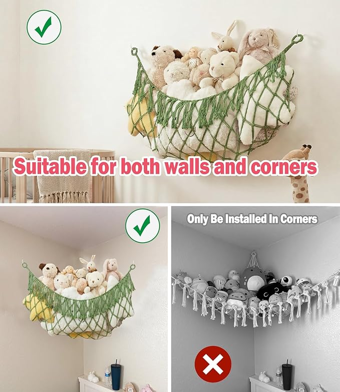 Stuffed Animal Net Hammock, Premium Cotton Hand-knitted plush hammock, Save space Eliminate Clutter Boho Stuffed Animal Storage for Nursery, Bedroom Decor - Avocado green