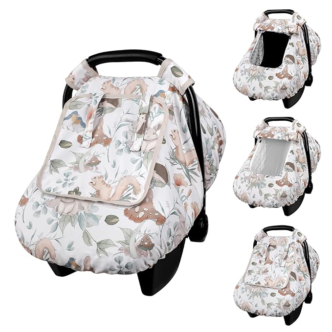 Car Seat Cover Baby Girl Boy, Warm Winter Carseat Cover for Baby, Kick-Proof Infant Car Seat Cover with Peep Window, Windproof & Cozy, Gray Animals