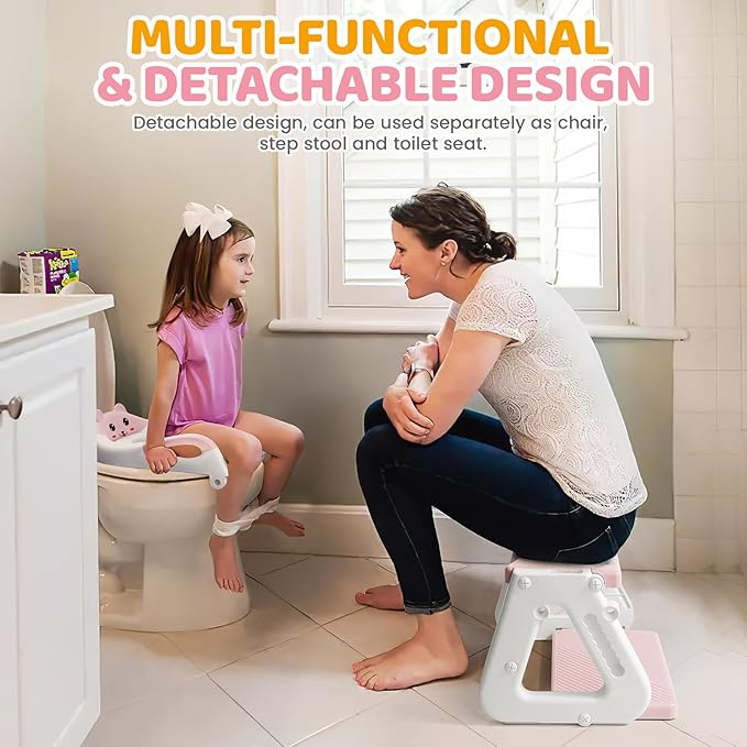 Orzbow Potty Training Seat, 2-IN-1 Toddler Potty Training Toilet with Step Stool, Stability Toilet Seat for Boys Girls with Splash Guard and Anti-Slip Pad, Adjustable Ladder & Potty Seat Height, Pink