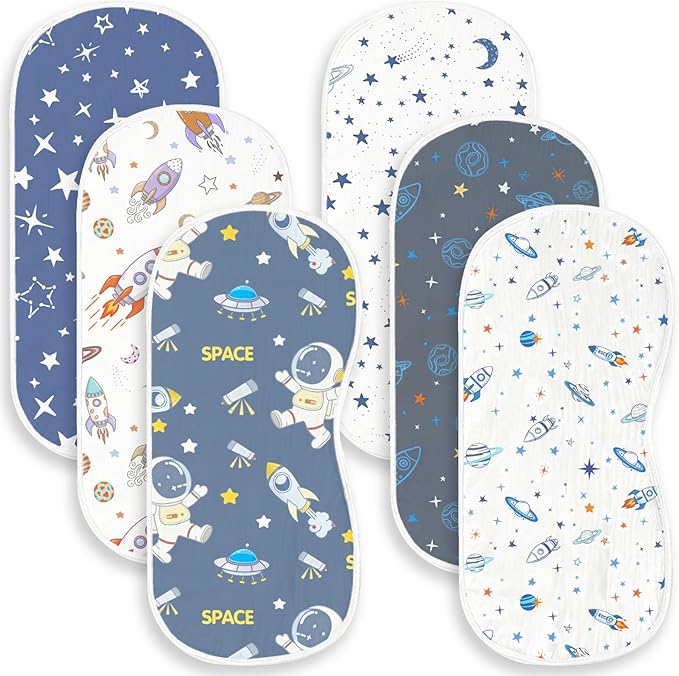 Spriggenix 6 Pack Baby Burp Cloths for Boys Girls, Soft Cotton, Space Rocket Theme Design, Super Absorbent Baby Burping Cloths for Newborns, Machine Washable and Reusable Baby Spit-Up Cloths