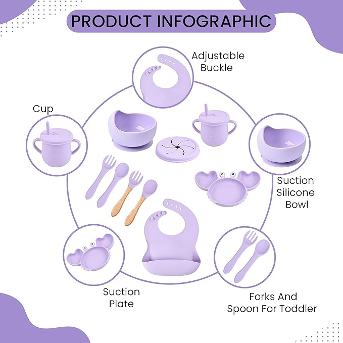 Silicone Baby Feeding Set 14 Pcs | Baby Led Weaning Supplies | Baby Spoons Suction Bowl Divided Plate Bib Cup | First Stage Solid Food Eating Utensils - 6+ Months (Purple)
