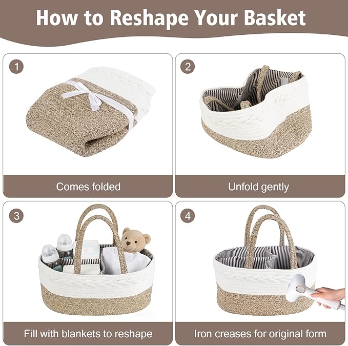 Diaper Caddy Organizer, Cotton Rope Baby Basket for Nursery and Changing Table, Portable Diaper Caddy with Removable Divider for Newborn Parents, Home and Car Travel, White and Brown
