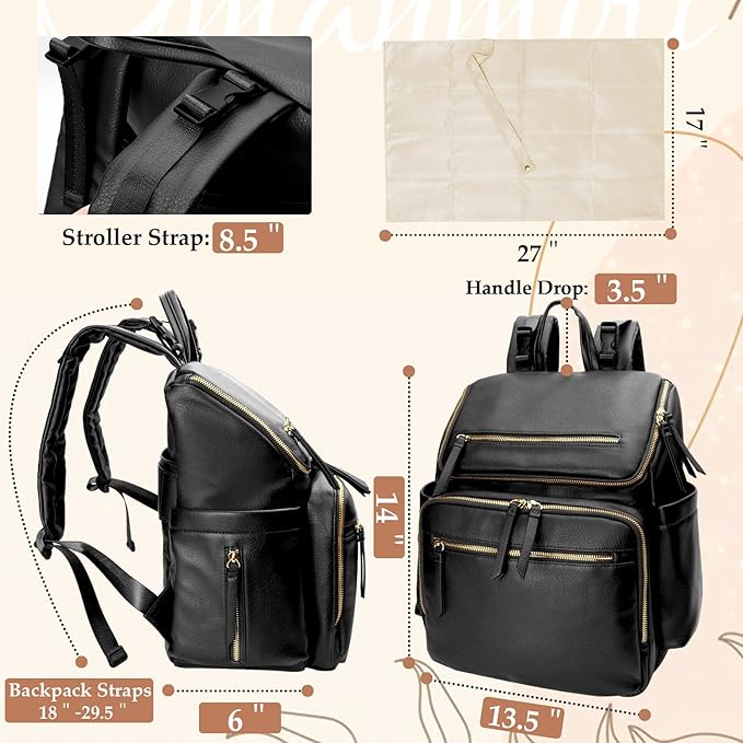 Omanmoli Diaper Bag Backpack Baby Diaper Bag Leather with 17 Diaper Bag Organizing Pouches,Changing Pad,Stroller Straps,4 Insulated Pockets,Black