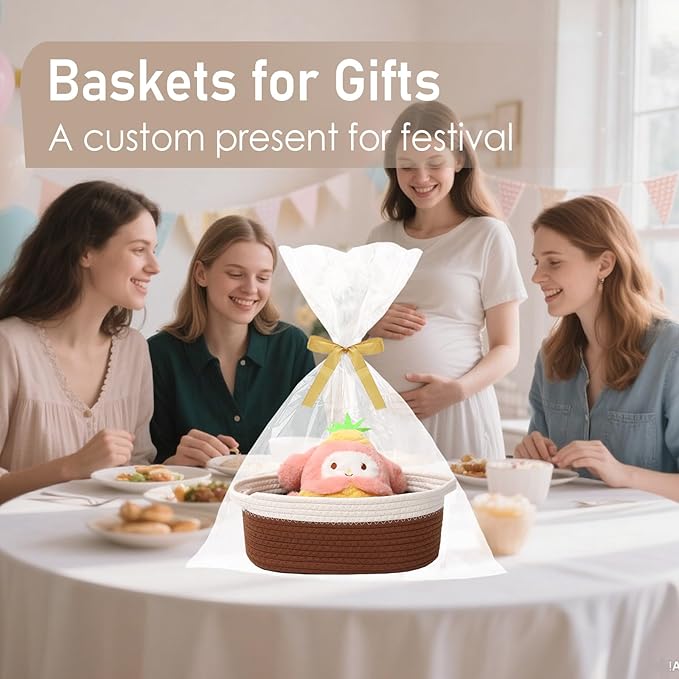 JMvicyroam Woven Basket,Small Rope Storage Bin with Handles & Ribbon Bag, Organizer for Shelves Closets,Gift Basket Empty for Birthday,Books,Dog Toys, White&Brown/2 Pack