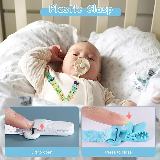 4 Pcs Baby Dummy Strap Clip, Pacifier Clip Dummy Holder Straps with 4 Silicone Adapter, Soother Chains Clips Fit All, Soothers, Teething Toys, Baby Essentials
