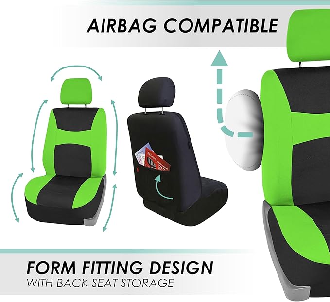 Automotive Seat Covers Green Universal Fit Combo Set with Steering Wheel Cover and Seat Belt Pad fits most Cars, SUVs, and Trucks (Airbag Compatible and Split Bench) FH Group FB030GREEN-COMBO