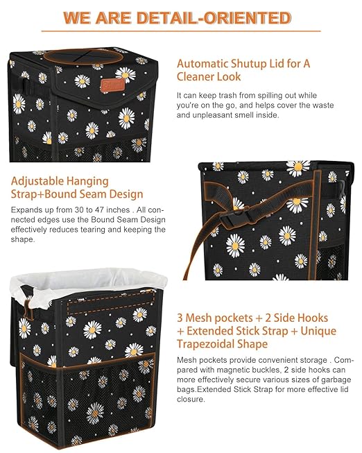 Car Trash Can with Lid, Cute Leakproof Car Trash Garbage Bag Hanging Vehicle Trash Bin Small Portable Automotive Garbage Cans Organizer for Back/Front Seat/Console(2.8 Gallons,Black Flower)