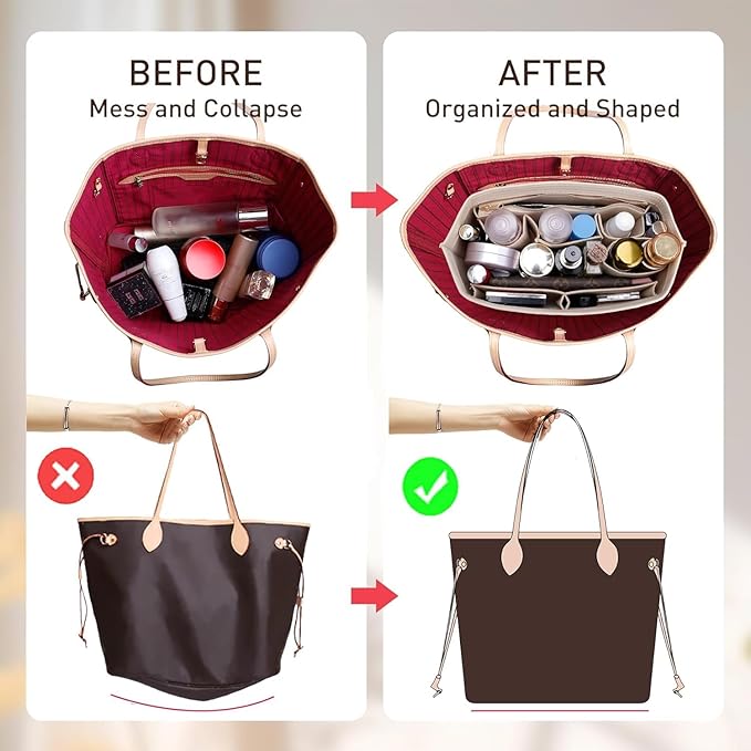 Purse Organizer Insert with Base Shaper Compatible with C.oach City 33, neverfull MM, G.oyard PM and More,Bag Organizer Insert for Luxury Tote Handbags,L/Wine Red