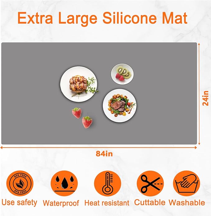 84''x24'' Extra Large Silicone Mat for Kitchen Counter, Heat Resistant Countertop Protector, Non-Slip Waterproof Kitchen Island Mat, Easy to Clean, Dark Gray