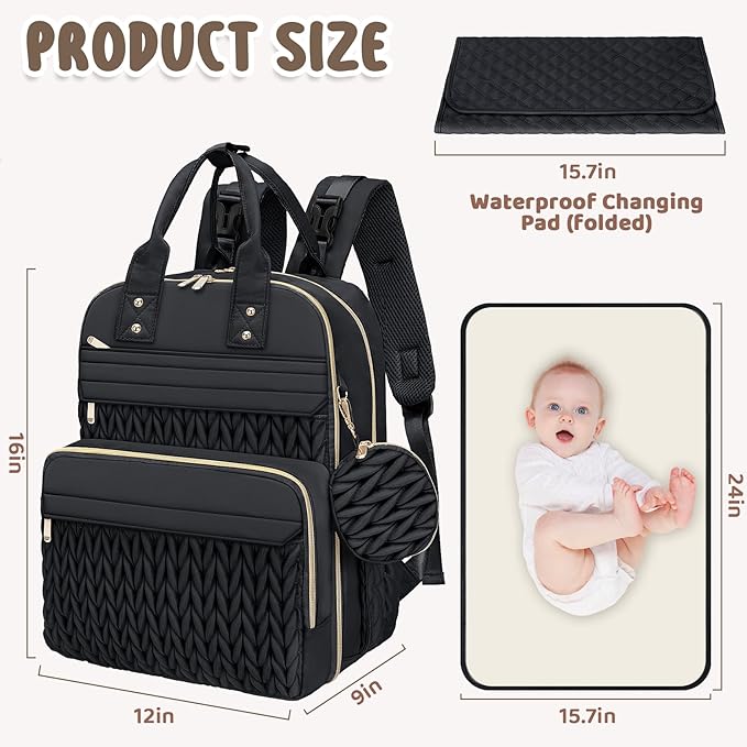 CandyHome Diaper Bag Backpack, Stylish Travel Baby Diaper Bags with Changing Pad, Insulated Pockets, Waterproof Baby Bag Converts into Tote Bag, Diaper Backpack, Stroller Bag (Black)