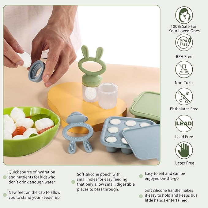 Baby Breastmilk Popsicle Molds & Baby Fruit Feeder (3 Pack), Baby Food Freezer Tray Storage Containers, Silicone Teething Pacifier Feeder and Teether for Babies,Baby Feeder - Green