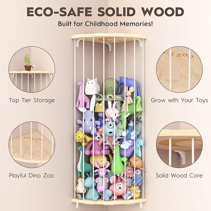 Corner Stuffed Animal Storage Zoo, Large Adjustable Solid Wood Plush Toy Organizer, Hanging Stuffie Holder Shelf & Cage with Engraved Dinosaur Star Moon for Kids Nursery Playroom