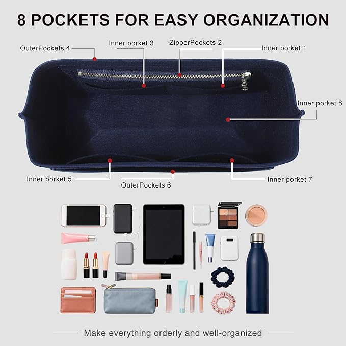 Premium Felt Purse Organizer Insert Compatible with Long Champ Le Pliage L Backpack, Lightwieight Bag Divider Shaper with 8 Pockets & YKK Zipper, Blue/LB