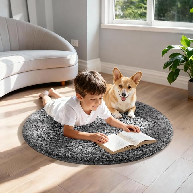 Ophanie Area Rugs for Bedroom Living Room,Color 1- Grey,Size 2',Shape Round