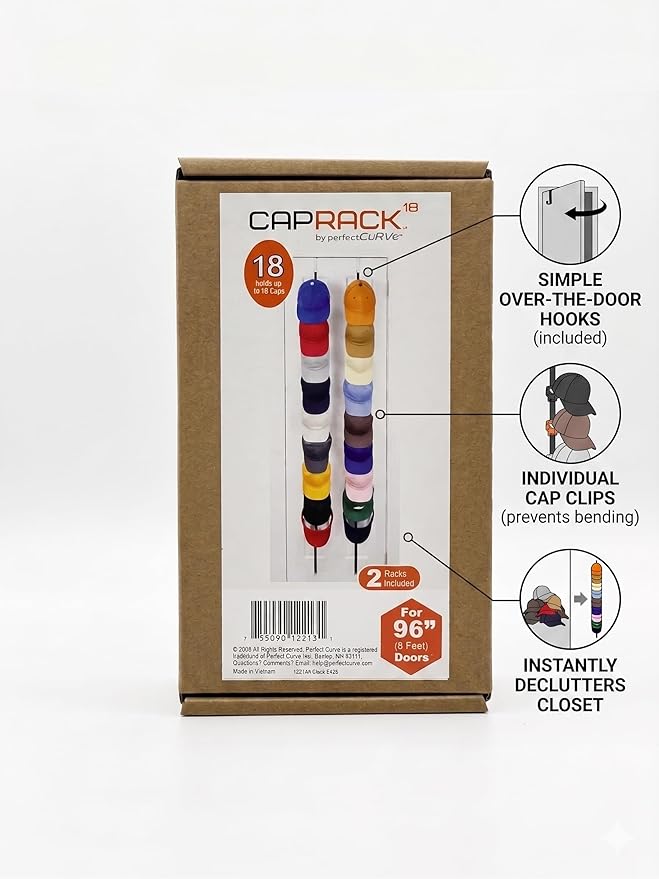FOR 8-FEET DOORS ONLY! Perfect Curve CapRack | Over-The-Door Hat Organizer for Baseball Caps | 2 Straps, Holds 18-36 Adjustable Caps | Black