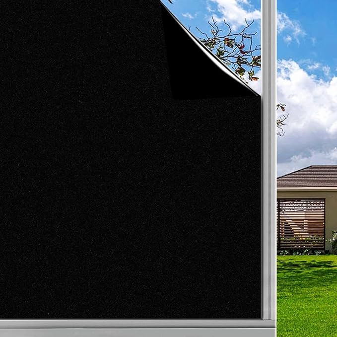 Finnez Blackout Window Privacy Film 100% Light Blocking UV Protection, Removable Static Cling Non-Adhesive Frosted Window Tint for Home Nursery Office Rental Elderly Pet Family