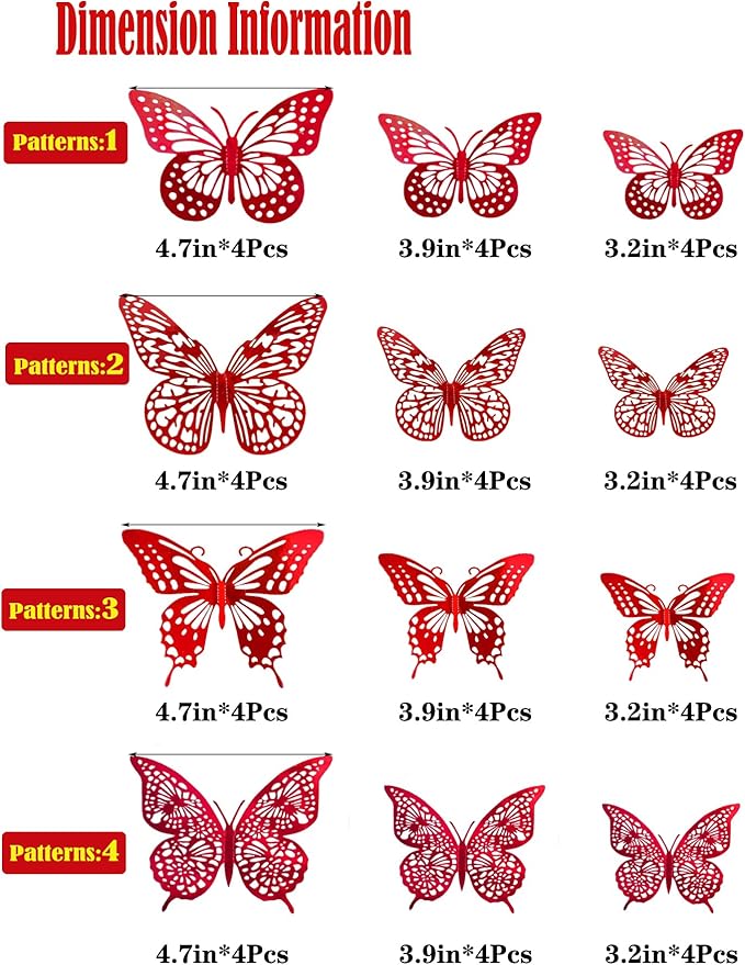 JOSDIOX 3D Red Butterfly Wall Stickers - 48 Pcs with 4 Styles & 3 Sizes, Removable Decor for Party Birthday Wedding Balloon Decoration (48 Red)