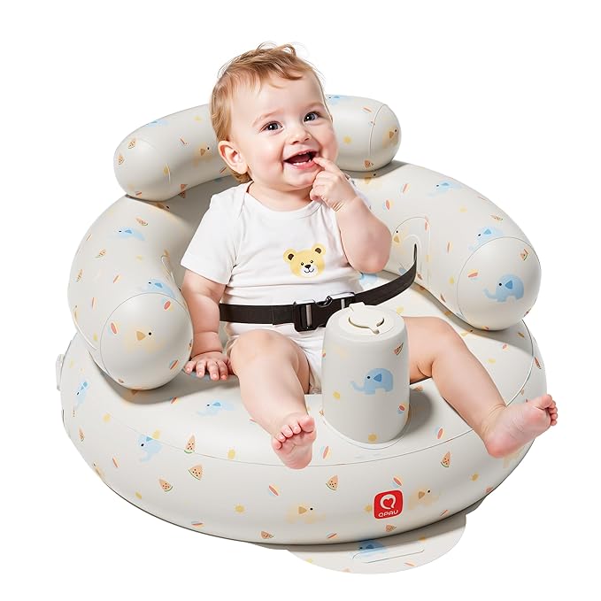 QPAU Inflatable Baby Seat with Safety Harness for Babies 3 Months & Up, Baby Floor Seats for Sitting Up, Baby Seats for Infants, Blow Up Baby Chair with Built in Air Pump (Elephant)