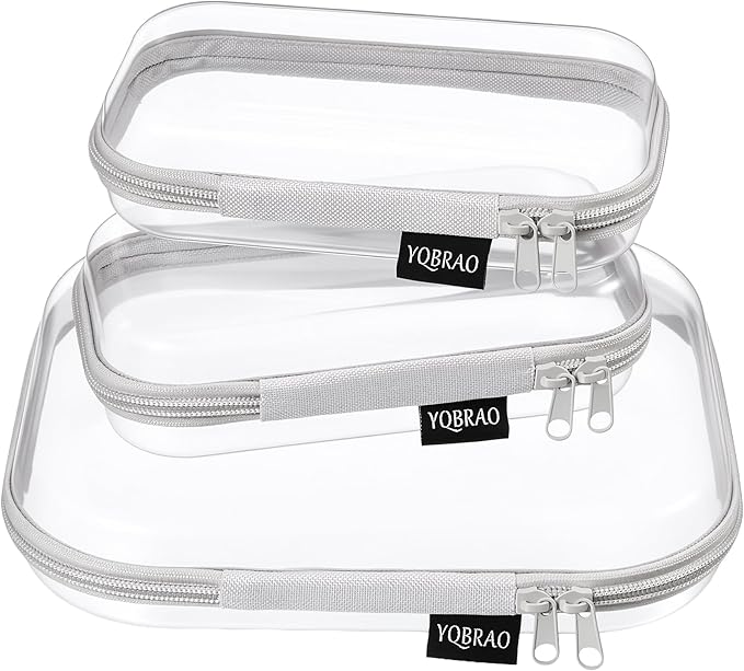 YQBRAO 3-Pack Clear Hard Shell Zipper Case - Grey Edition, 1.2mm Heavy-Duty Crush-Proof Travel Makeup Bag, TSA Approved Clear Zipper Pouches, Rigid Diaper Bag Organizer for Tech & Daily Essentials