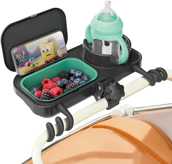 Universal Stroller Snack Tray, with Cup Holder & Removable Silicone Tray – 3-in-1 Stroller Tray Attachment for Uppababy, Nuna, Mockingbird – Easy Clean, Stable Grip, Toddler Snacking On The Go