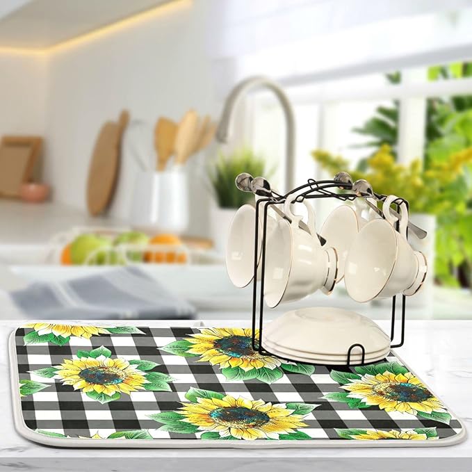 Absorbent Dish Drying Mat for Kitchen Counter - Sunflower Lattices Vintage Microfiber Drying Pad, Reversible Drainer Mats for Countertop, Small 16" x 18"