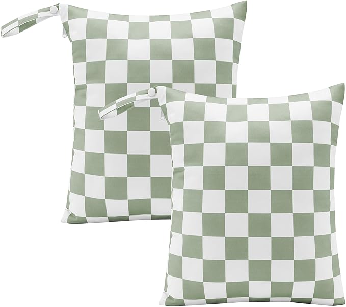 Ohocut Sage Green Checkered Waterproof Wet Dy Diaper Bag for Baby Essentials, Travel, Swimsuit, Beach Bag Accessories, Aesthetic Trendy Cute Toddler Baby Cloth Bag Pouch, Pack of 2