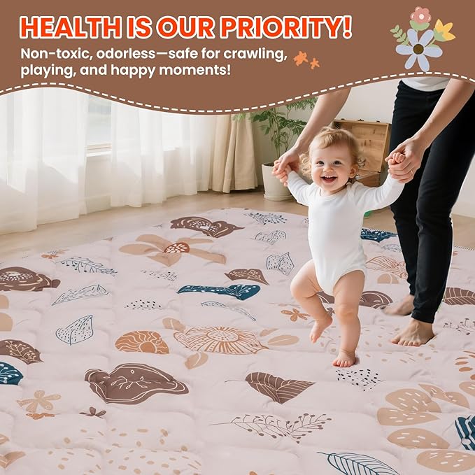 Duwenem Baby Play Mat for Floor,50x50 Inch Soft Padding Crawling Mat for Playpen, Foldable and Machine Washable, Thick for Babies & Toddlers,Boho Flower