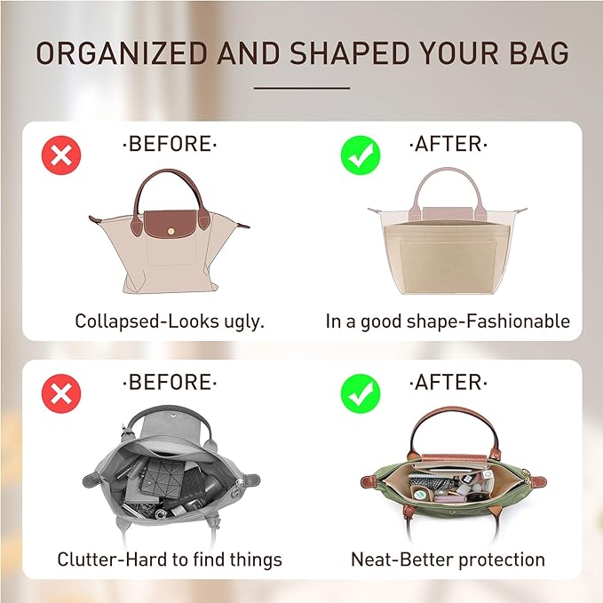 Doxo Felt Purse Organizer Insert,Handbag Organizer Compatible with Longchamp Le-pliage Large and More, Long Champ Bag Organizer Keeps Tote Handbags Shaped & Neat (Beige,Large)