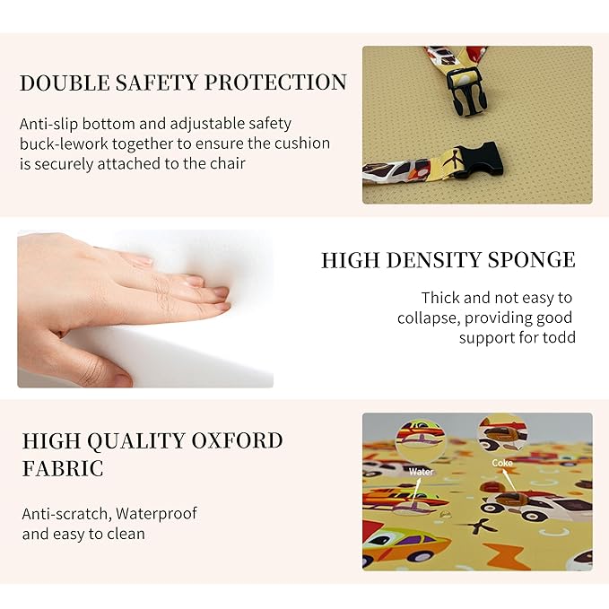 Toddler Booster Seat for Dining Table, Waterproof Kids Booster Seat for Kitchen Chair, High Density Foam Cushion with Non-Slip Bottom, Washable Cover & Adjustable Straps (Car)