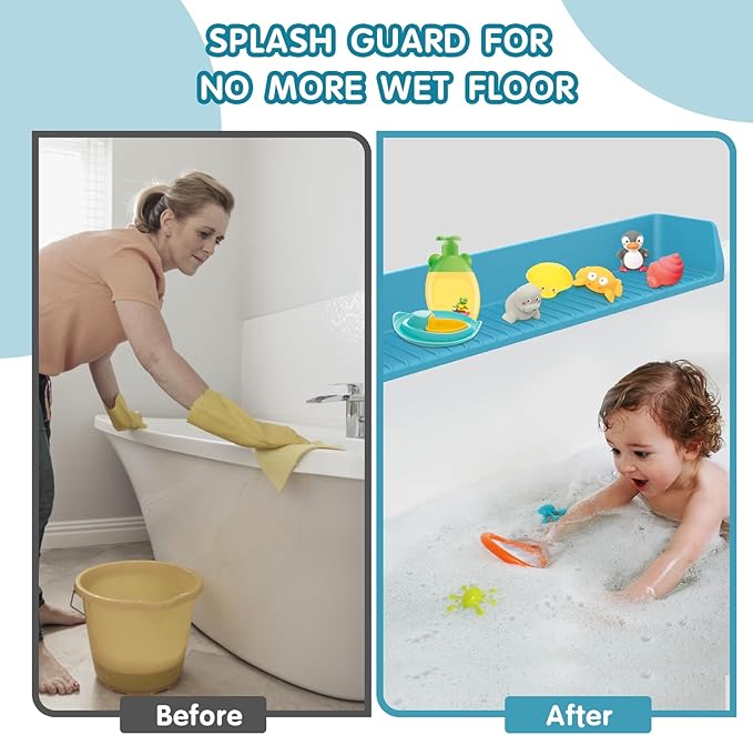 Bathtub Splash Guard for Tub Kids, Longer Silicone Water Splash Guard for Bathtub, Toy Holder Play Shelf for Bathtime, Prevents Water Spills in Bathroom