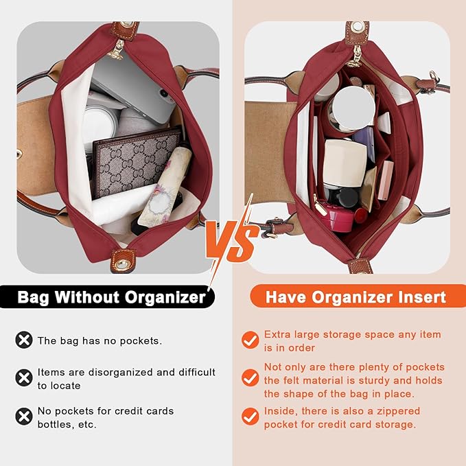 Felt Purse Organizer Insert for Longchamp Le Pliage M Handbag Insert (Vine Red, Medium)