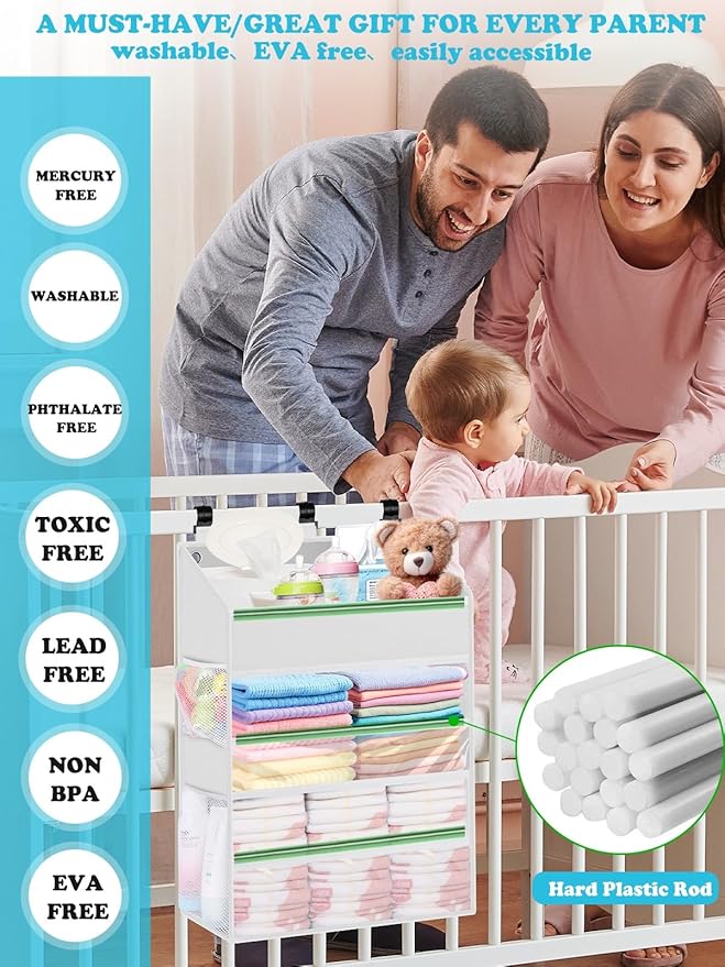 Hanging Diaper Caddy Organizer Crib Organizer–Spacious Baby Girl/Boy Nursery Organizer for Changing Table, Playpen/Wall- Hold 90+ Diaper (White)