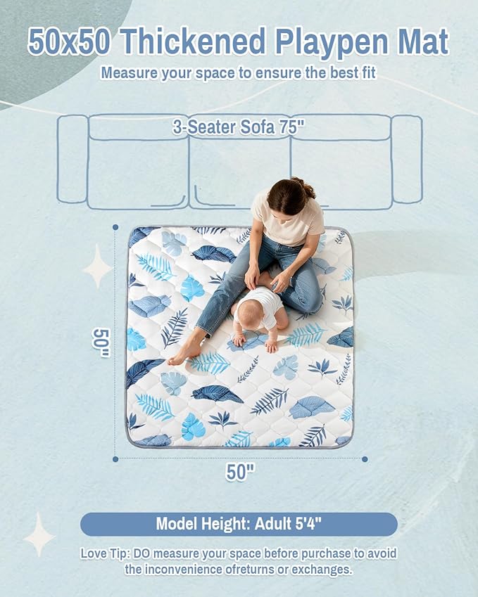 Baby Play Mat, 50x50 Thickened Playpen Mat, Non-Slip Baby Mat for Floor, Foldable Portable Playmat Suitable for babies learning to crawl and for travel