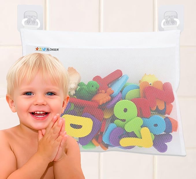 Bath Toy Net 18x16 Inch Bath Tub Toy Holder Mesh Bag, Baby Bathtub Storage Organizer, Quick Dry Bathroom Bucket Bin, Toddler Shower Caddy Hanging Basket, 4 Heavy Duty Adhesive Wall Hooks
