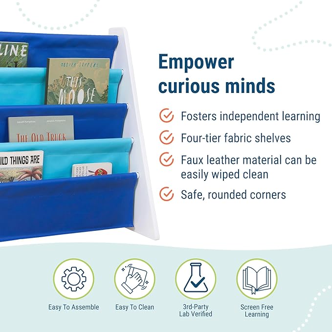Wildkin Vegan Leather Sling Bookshelf for Kids – Premium Easy Clean Sling Canvas Design with 4 Fabric Shelves, Organizer for Home or Classroom - White w/Multi-Blue