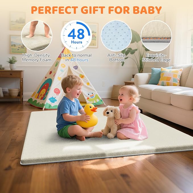 Omzer Baby Play Mat for Floor - 1.3" Thick Foam 47x47 Inch Playpen Mats with Removable & Washable Cover for Tummy Time, Soft Coral Velvet & Non-Slip Crawling Pad for Babies, Toddlers, Infants - Khaki