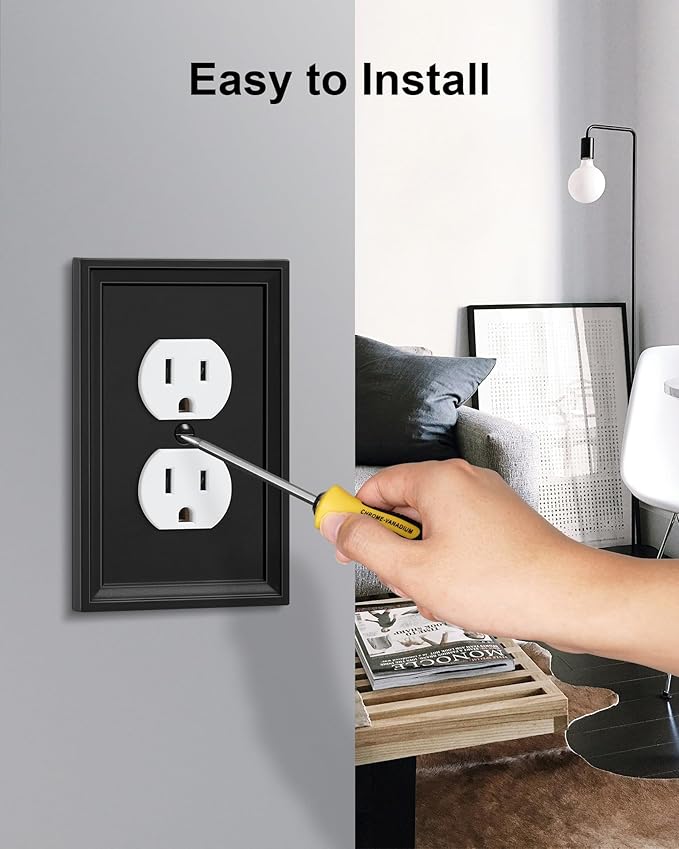 6-Pack Duplex Outlet Cover, Natural Bamboo Fiber Switch Plates and Outlet Covers, Black Decorative Wall Plates for Electrical Outlets, 1 Gang Receptacle Cover, Corrosion Resistant